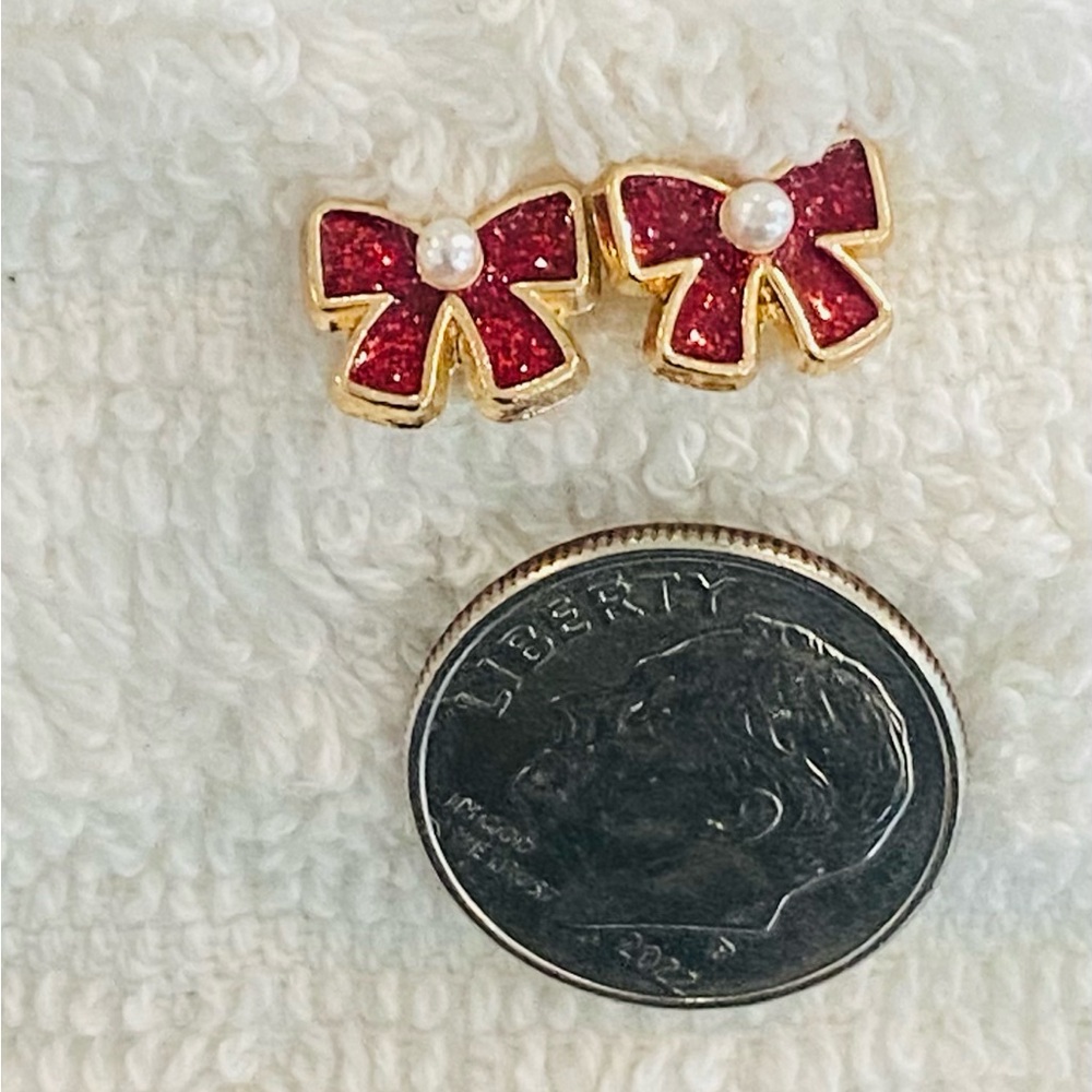 Hypoallergenic Dainty  Red Festive Bow Stud Earrings with Pearl Dainty Earring - Picture 2 of 2
